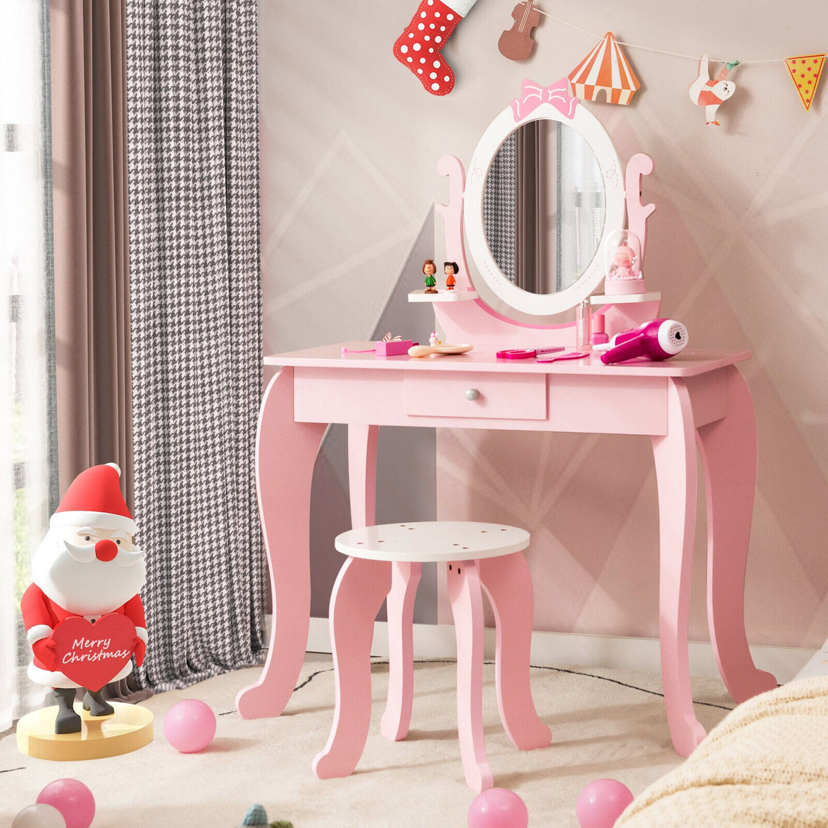 Kid Vanity Table Stool Set with Oval Rotatable Mirror-Pink-Kids Vanities-DECOROLALA