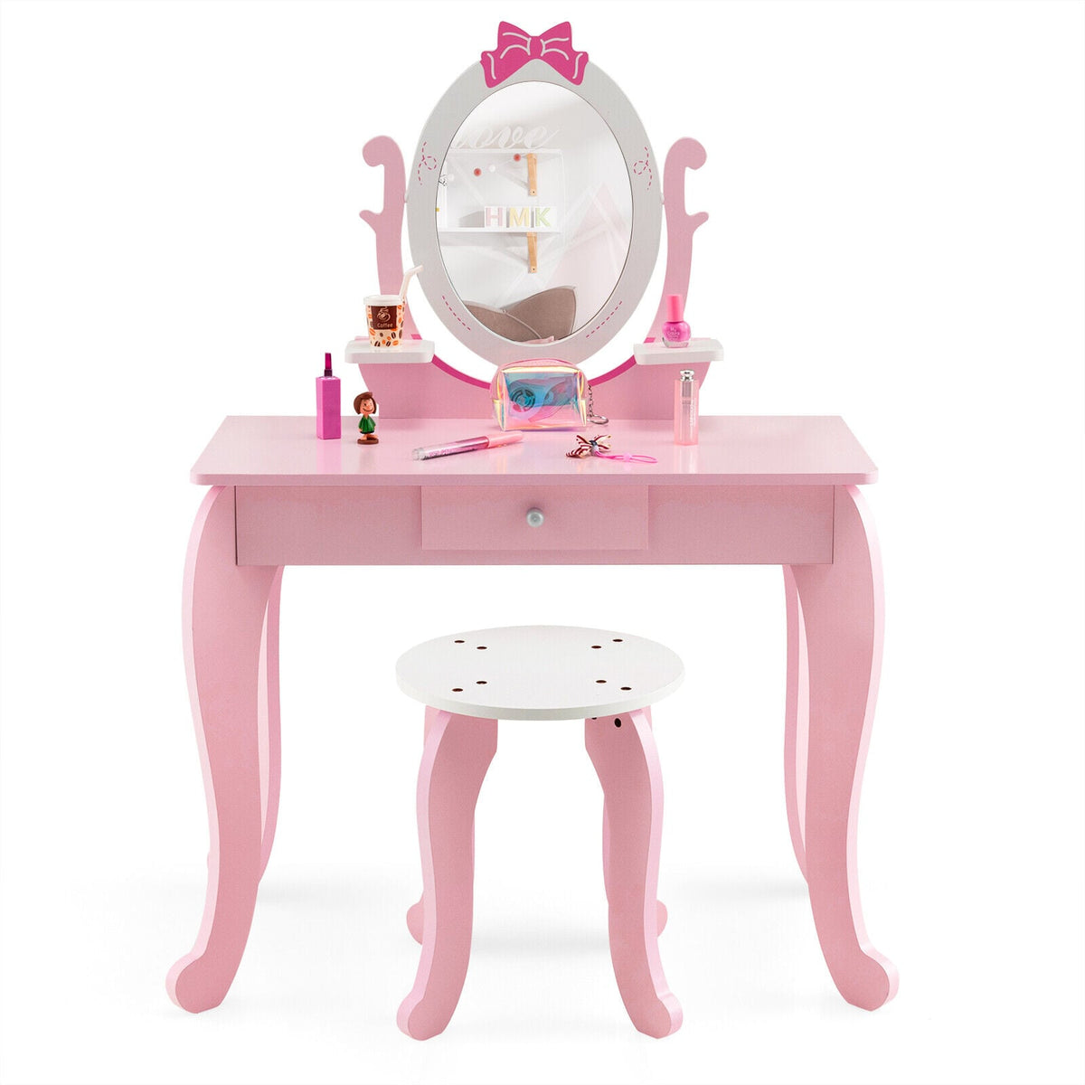 Kid Vanity Table Stool Set with Oval Rotatable Mirror-Pink-Kids Vanities-DECOROLALA