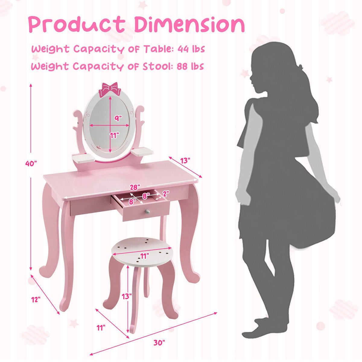 Kid Vanity Table Stool Set with Oval Rotatable Mirror-Pink-Kids Vanities-DECOROLALA