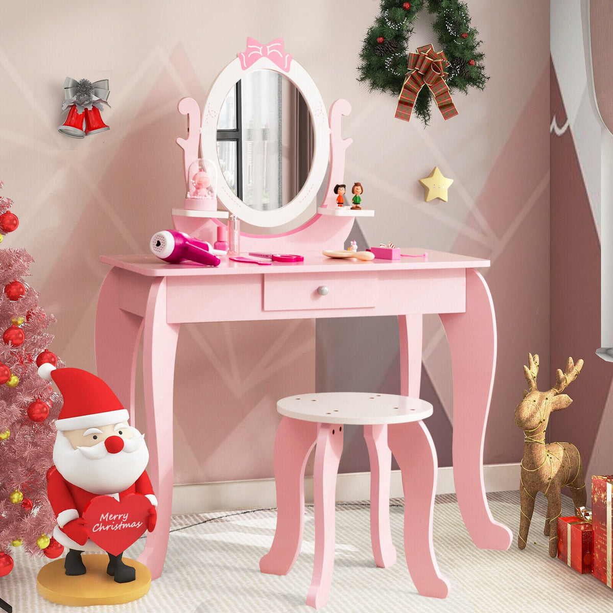 Kid Vanity Table Stool Set with Oval Rotatable Mirror-Pink-Kids Vanities-DECOROLALA