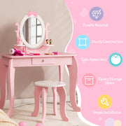 Kid Vanity Table Stool Set with Oval Rotatable Mirror-Pink-Kids Vanities-DECOROLALA