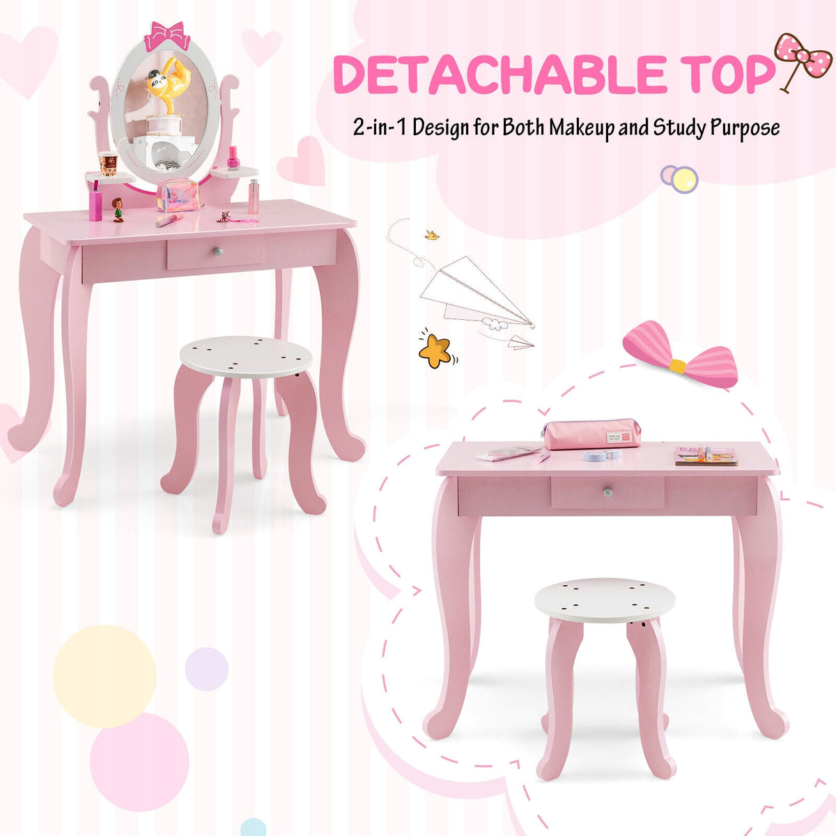Kid Vanity Table Stool Set with Oval Rotatable Mirror-Pink-Kids Vanities-DECOROLALA