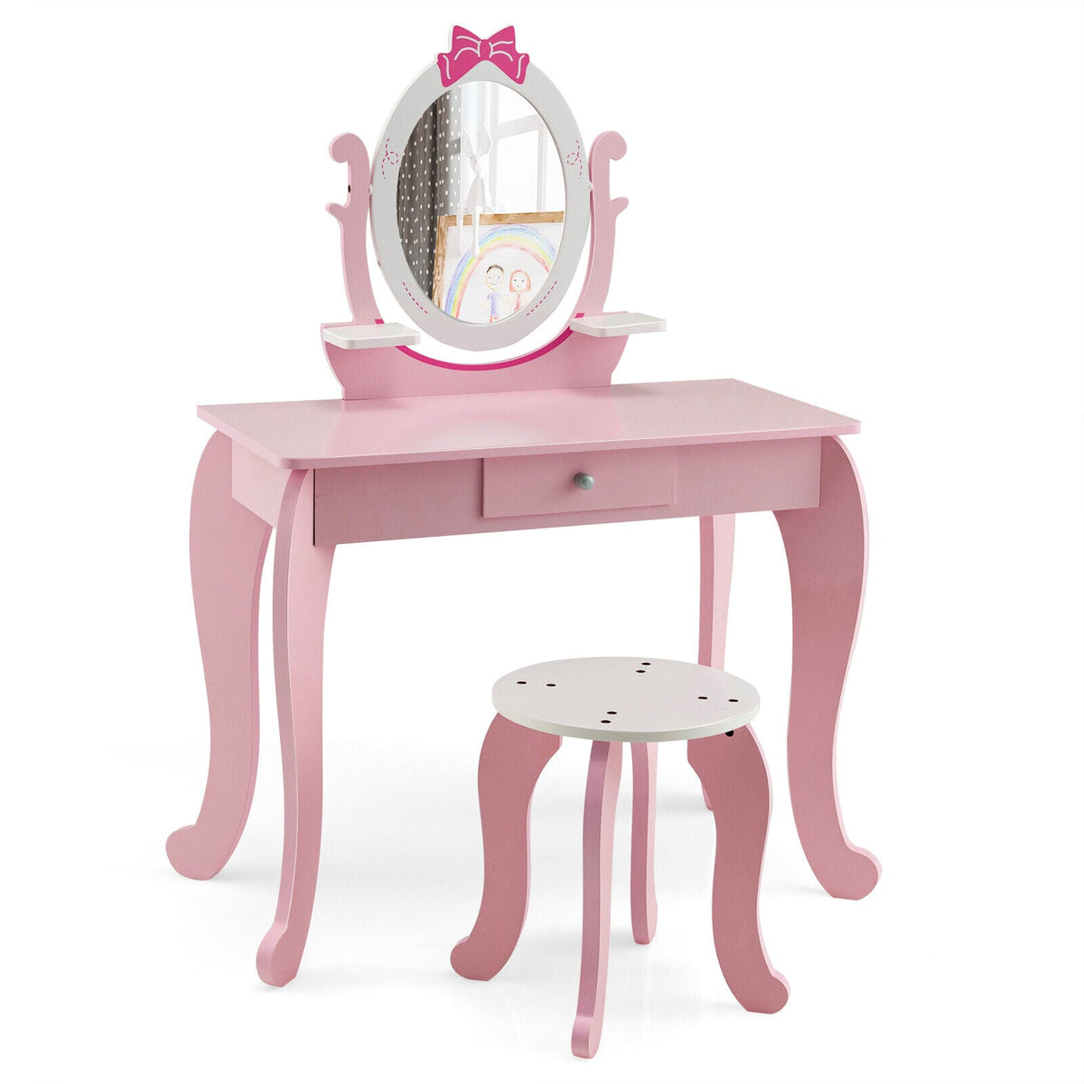 Kid Vanity Table Stool Set with Oval Rotatable Mirror-Pink-Kids Vanities-DECOROLALA