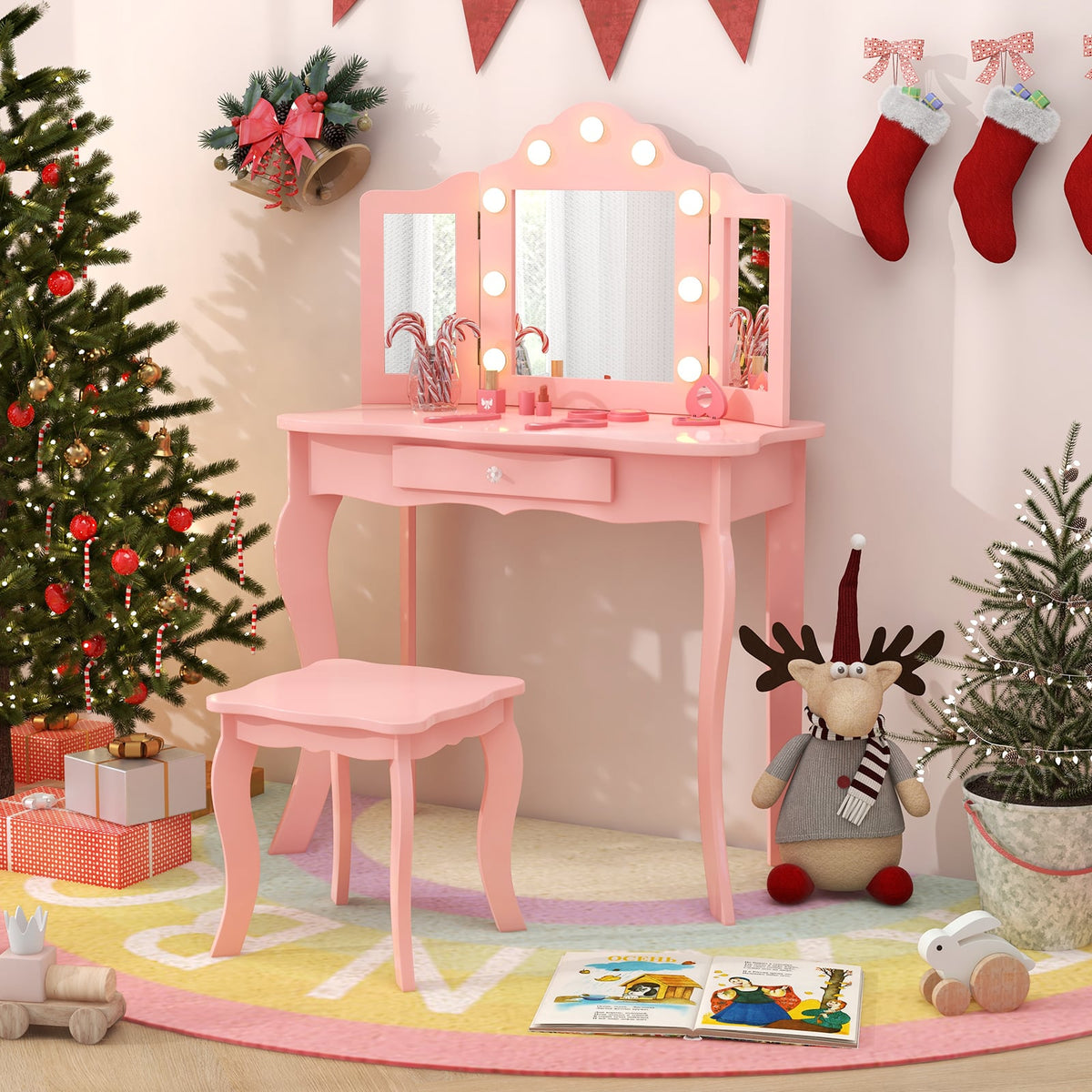 Kid Vanity Table Stool Set with Tri-Folding Mirror and 3-Color LED Lights-Pink-Kids Vanities-DECOROLALA