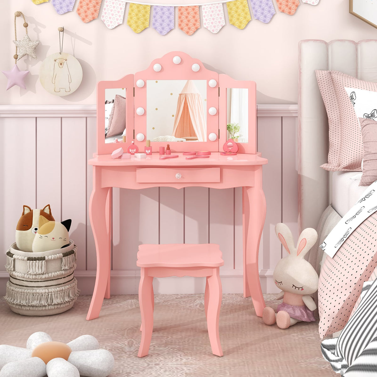 Kid Vanity Table Stool Set with Tri-Folding Mirror and 3-Color LED Lights-Pink-Kids Vanities-DECOROLALA
