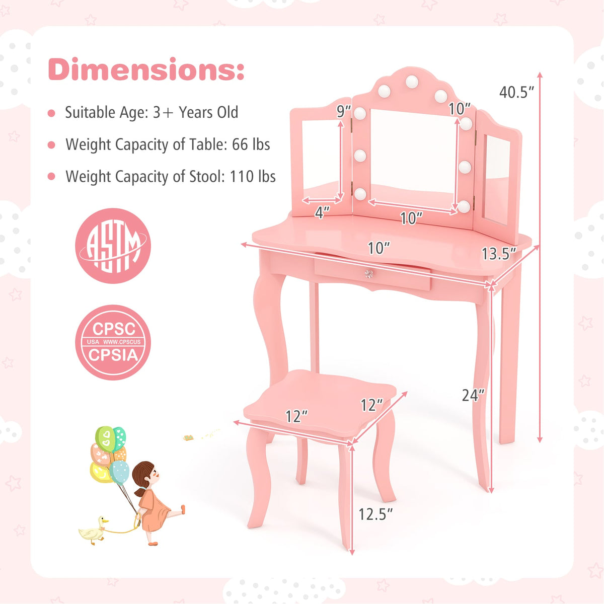 Kid Vanity Table Stool Set with Tri-Folding Mirror and 3-Color LED Lights-Pink-Kids Vanities-DECOROLALA