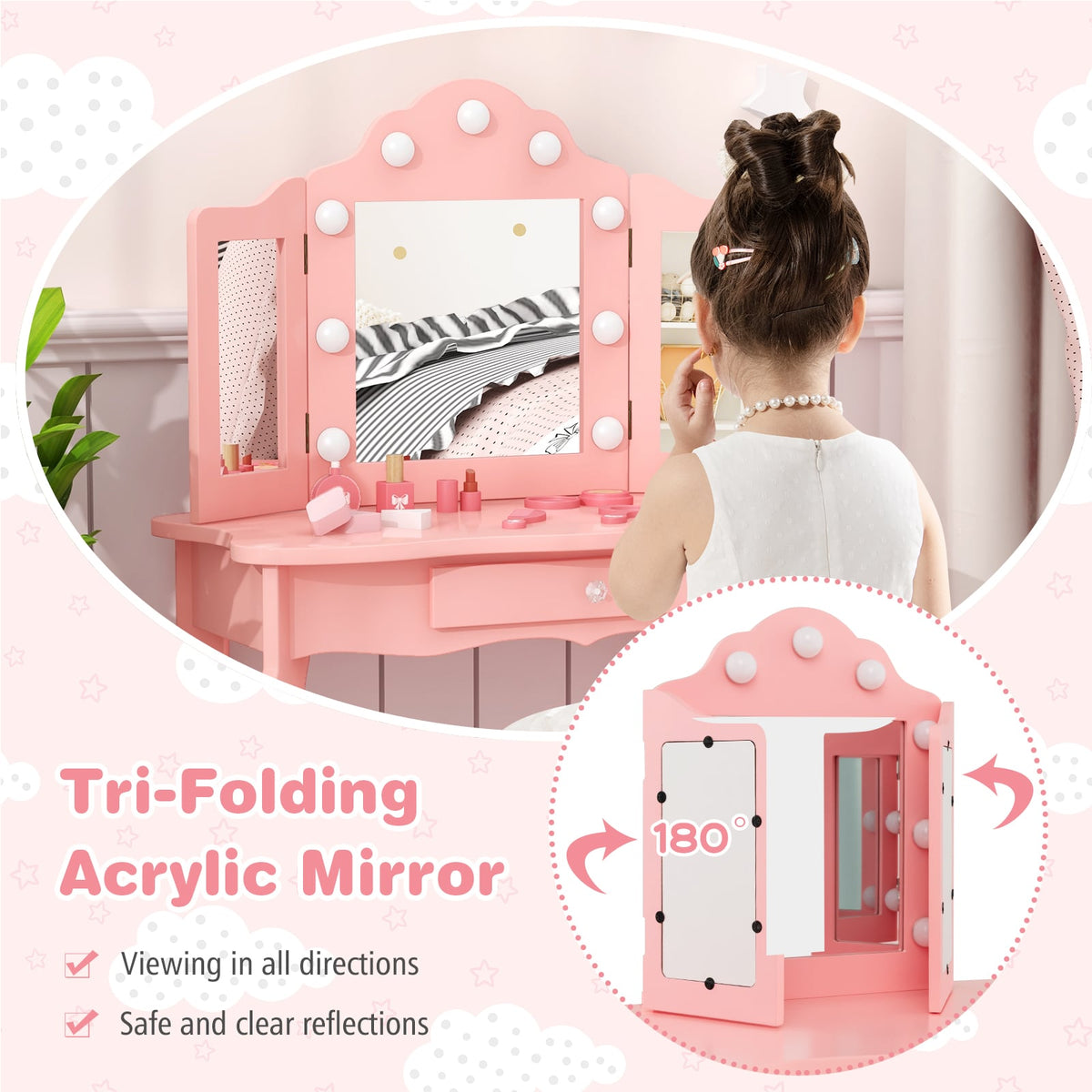 Kid Vanity Table Stool Set with Tri-Folding Mirror and 3-Color LED Lights-Pink-Kids Vanities-DECOROLALA