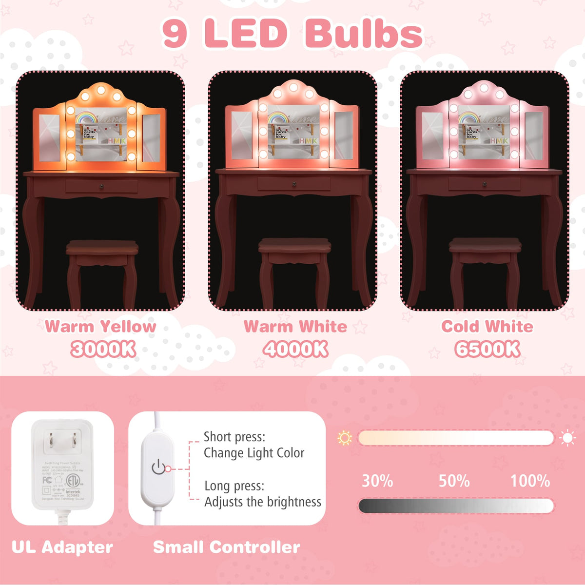 Kid Vanity Table Stool Set with Tri-Folding Mirror and 3-Color LED Lights-Pink-Kids Vanities-DECOROLALA