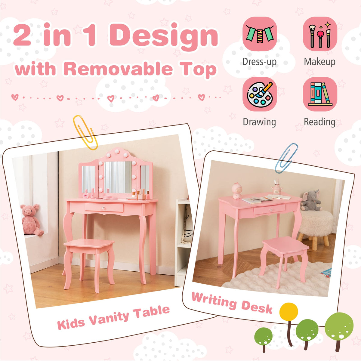 Kid Vanity Table Stool Set with Tri-Folding Mirror and 3-Color LED Lights-Pink-Kids Vanities-DECOROLALA