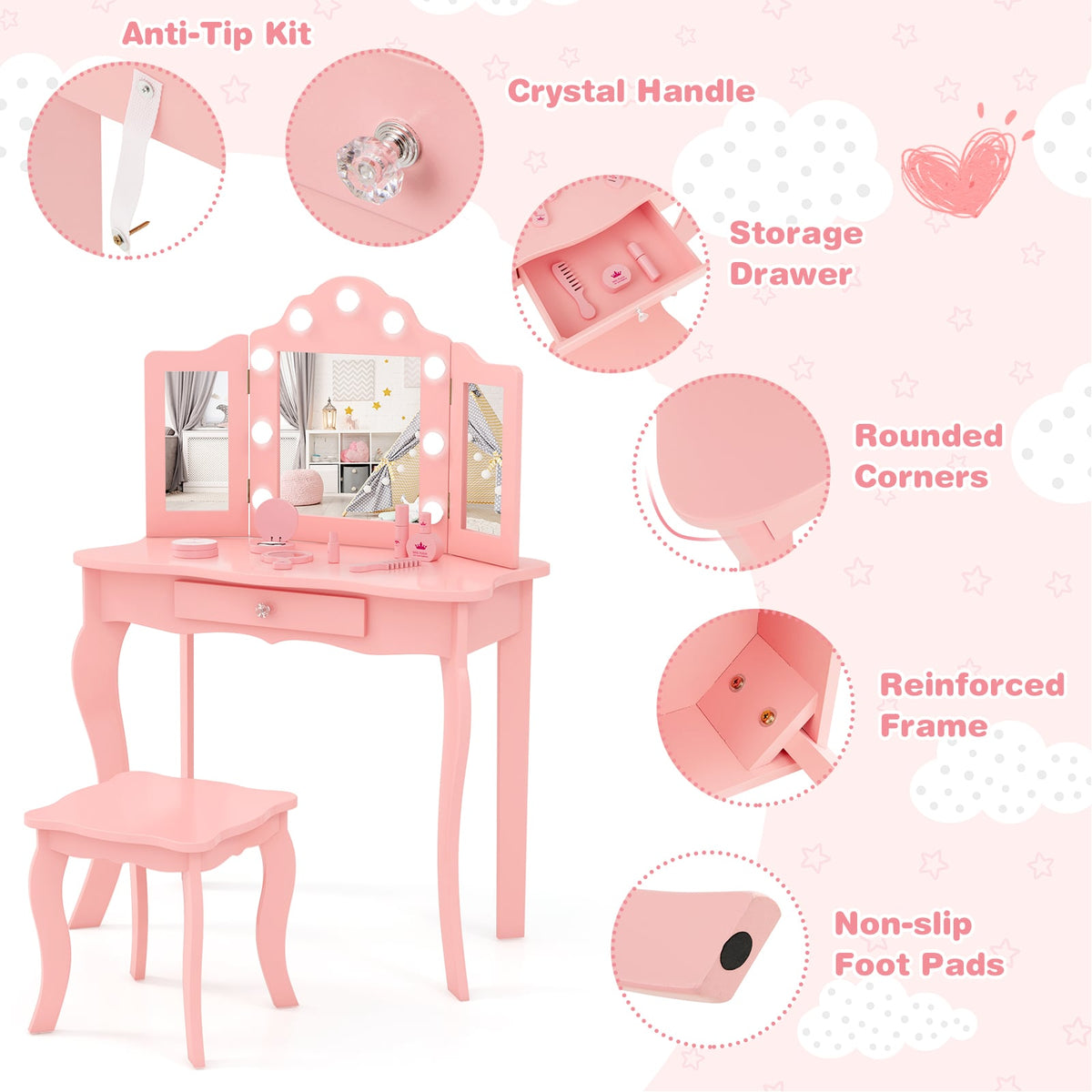 Kid Vanity Table Stool Set with Tri-Folding Mirror and 3-Color LED Lights-Pink-Kids Vanities-DECOROLALA