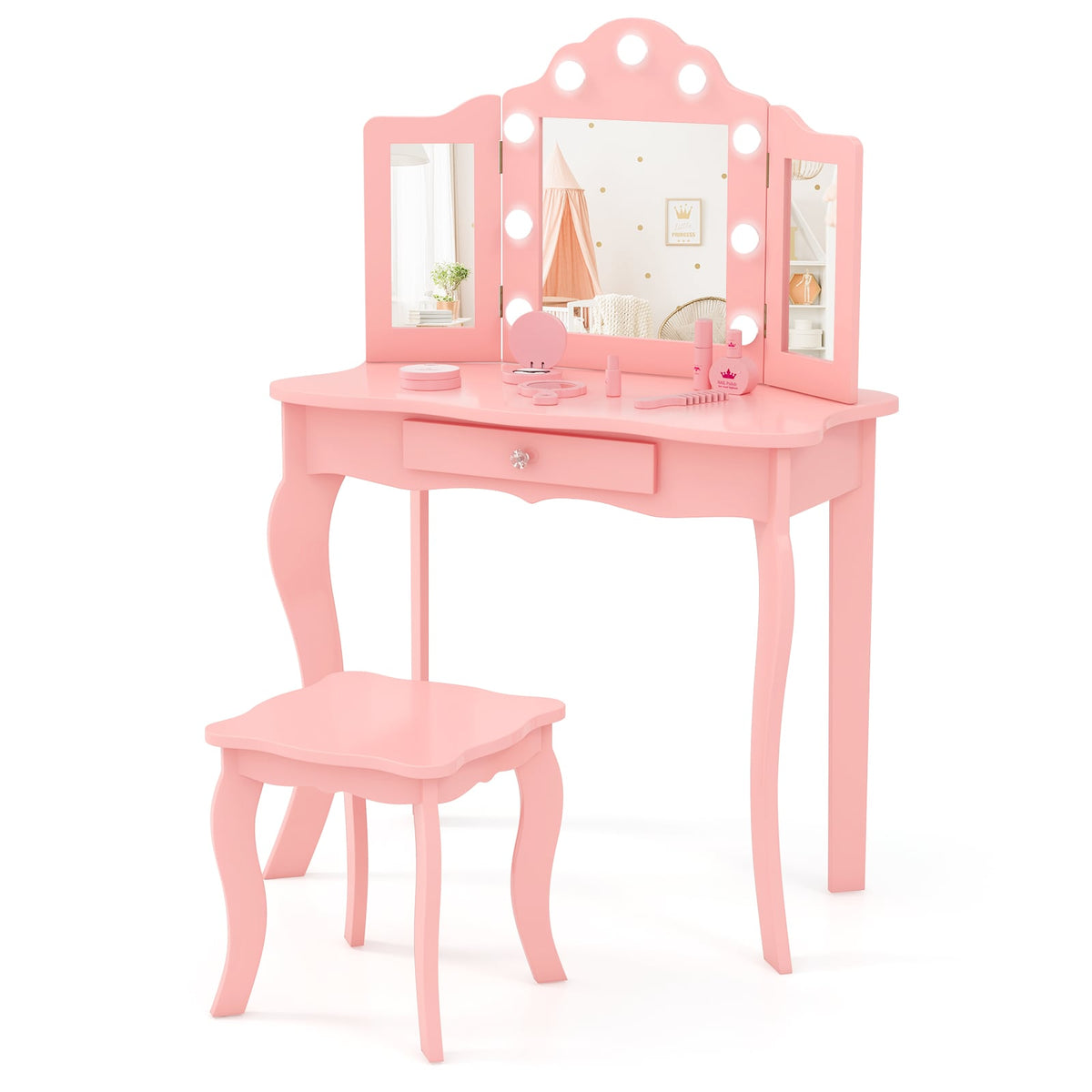 Kid Vanity Table Stool Set with Tri-Folding Mirror and 3-Color LED Lights-Pink-Kids Vanities-DECOROLALA