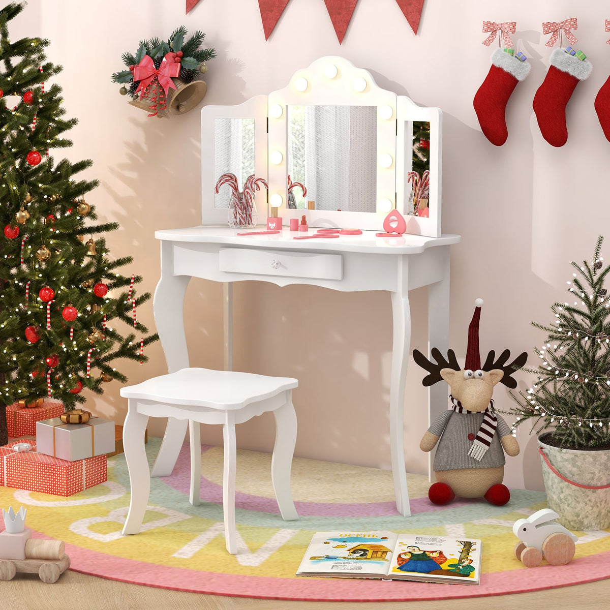 Kid Vanity Table Stool Set with Tri-Folding Mirror and 3-Color LED Lights-White-Kids Vanities-DECOROLALA