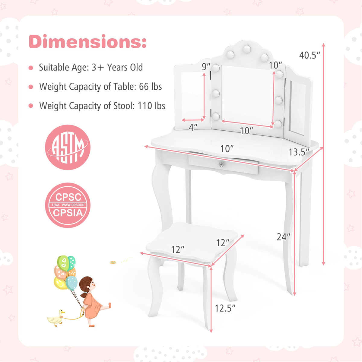 Kid Vanity Table Stool Set with Tri-Folding Mirror and 3-Color LED Lights-White-Kids Vanities-DECOROLALA