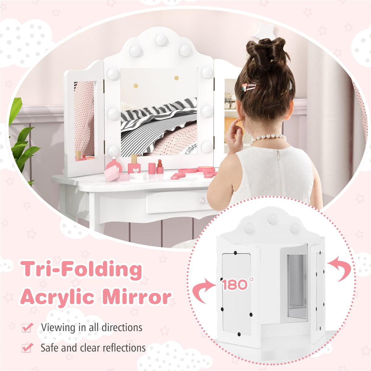 Kid Vanity Table Stool Set with Tri-Folding Mirror and 3-Color LED Lights-White-Kids Vanities-DECOROLALA