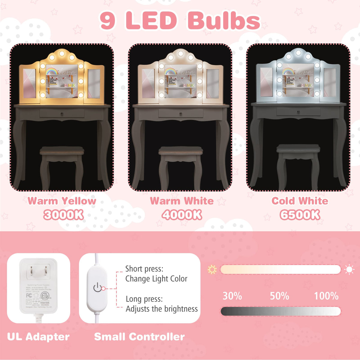 Kid Vanity Table Stool Set with Tri-Folding Mirror and 3-Color LED Lights-White-Kids Vanities-DECOROLALA