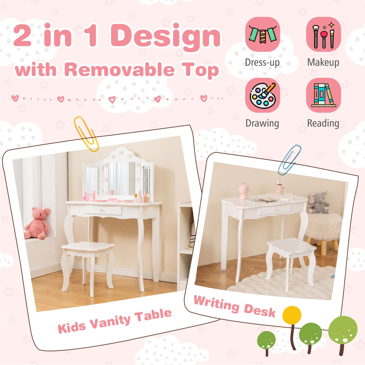 Kid Vanity Table Stool Set with Tri-Folding Mirror and 3-Color LED Lights-White-Kids Vanities-DECOROLALA