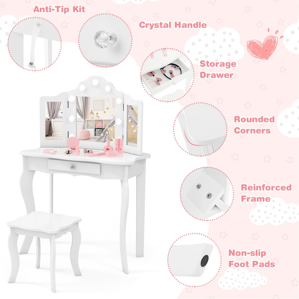 Kid Vanity Table Stool Set with Tri-Folding Mirror and 3-Color LED Lights-White-Kids Vanities-DECOROLALA