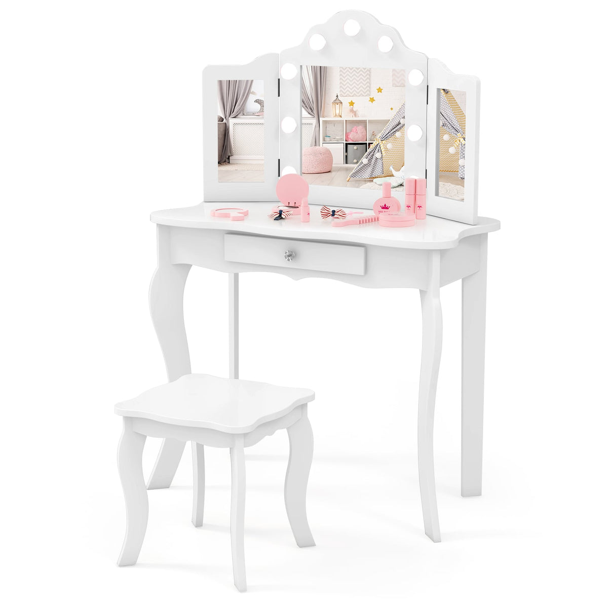 Kid Vanity Table Stool Set with Tri-Folding Mirror and 3-Color LED Lights-White-Kids Vanities-DECOROLALA