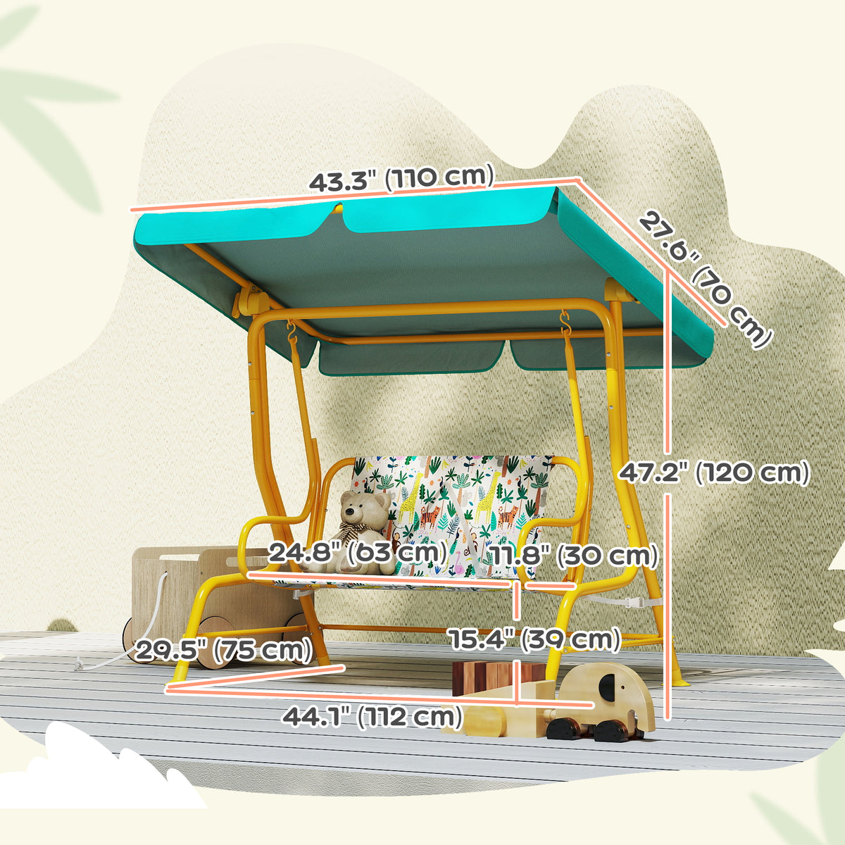 Kids Porch Swing, 2-Seater Patio Swing Bench with Safety Belts, Adjustable Canopy for Backyard, Garden, Green-Toys & Games > Kids Outdoor Play > Gym Sets & Swings-DECOROLALA