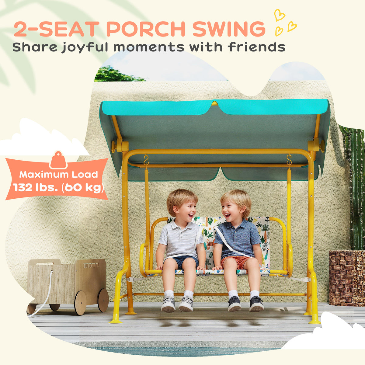 Kids Porch Swing, 2-Seater Patio Swing Bench with Safety Belts, Adjustable Canopy for Backyard, Garden, Green-Toys & Games > Kids Outdoor Play > Gym Sets & Swings-DECOROLALA