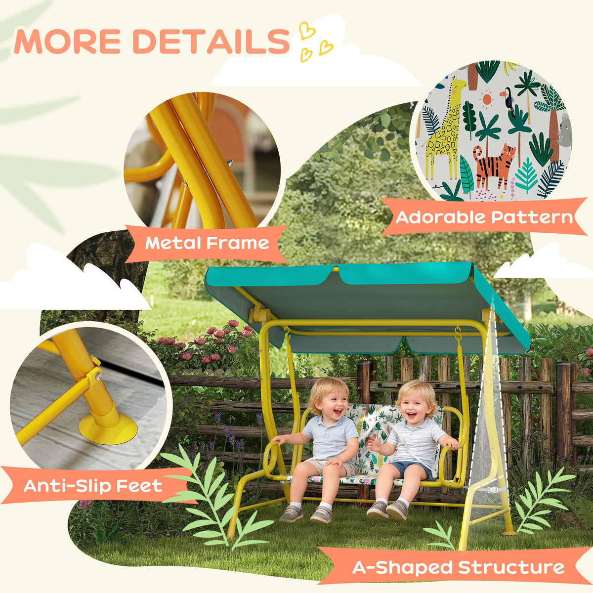 Kids Porch Swing, 2-Seater Patio Swing Bench with Safety Belts, Adjustable Canopy for Backyard, Garden, Green-Toys & Games > Kids Outdoor Play > Gym Sets & Swings-DECOROLALA