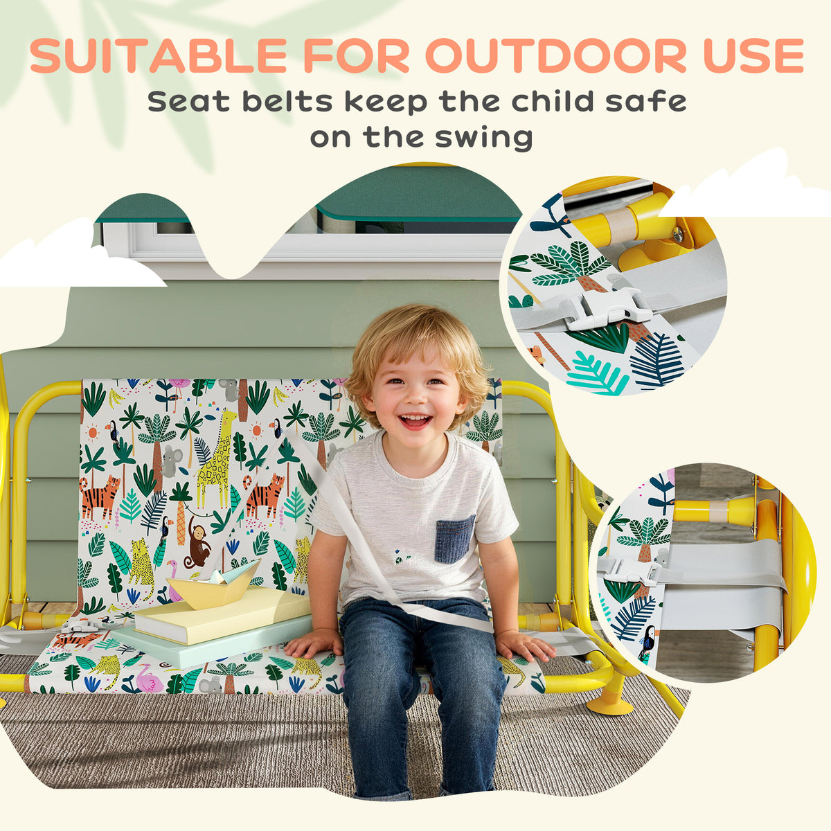 Kids Porch Swing, 2-Seater Patio Swing Bench with Safety Belts, Adjustable Canopy for Backyard, Garden, Green-Toys & Games > Kids Outdoor Play > Gym Sets & Swings-DECOROLALA