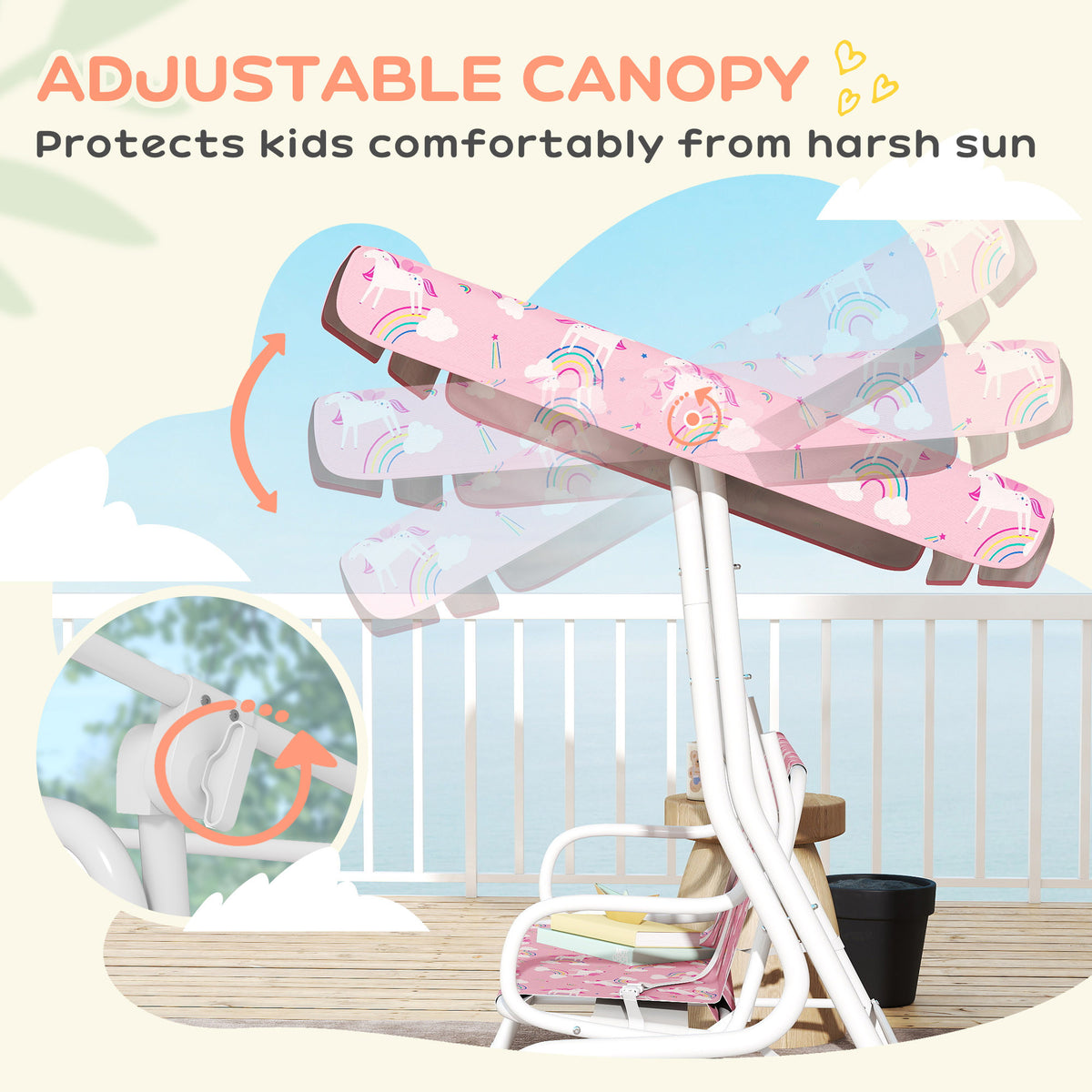Kids Porch Swing, 2-Seater Patio Swing Bench with Safety Belts, Adjustable Canopy for Backyard, Garden, Pink-Toys & Games > Kids Outdoor Play > Gym Sets & Swings-DECOROLALA