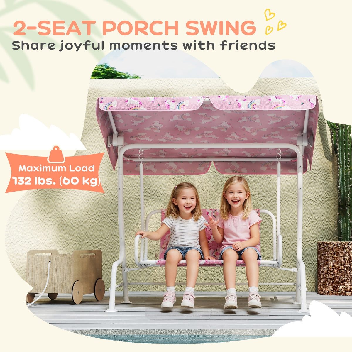 Kids Porch Swing, 2-Seater Patio Swing Bench with Safety Belts, Adjustable Canopy for Backyard, Garden, Pink-Toys & Games > Kids Outdoor Play > Gym Sets & Swings-DECOROLALA