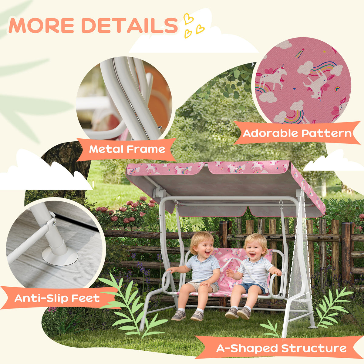 Kids Porch Swing, 2-Seater Patio Swing Bench with Safety Belts, Adjustable Canopy for Backyard, Garden, Pink-Toys & Games > Kids Outdoor Play > Gym Sets & Swings-DECOROLALA