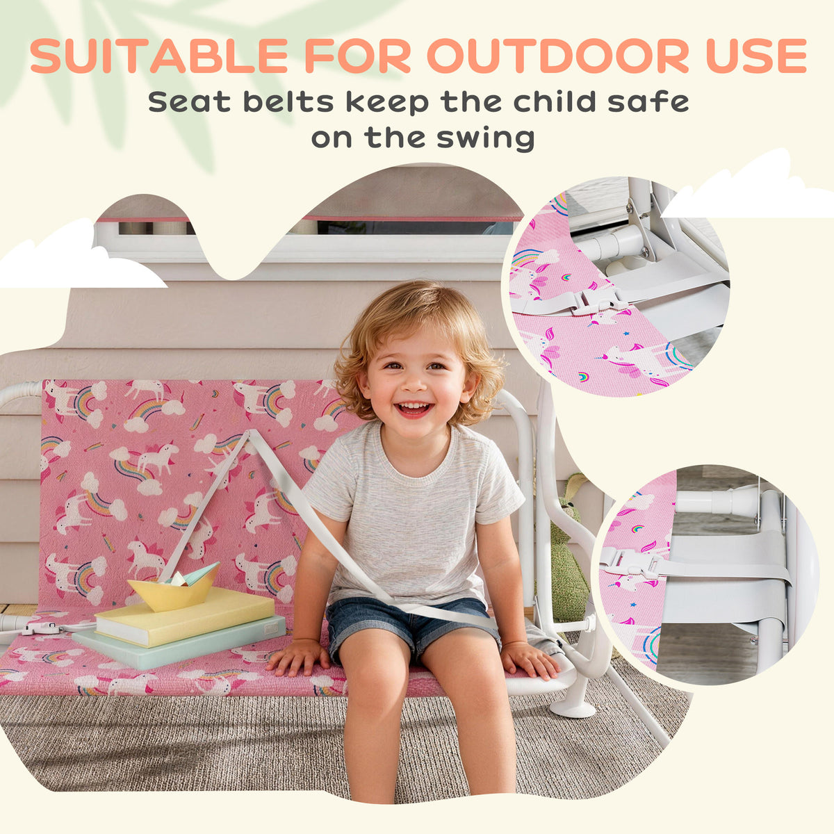 Kids Porch Swing, 2-Seater Patio Swing Bench with Safety Belts, Adjustable Canopy for Backyard, Garden, Pink-Toys & Games > Kids Outdoor Play > Gym Sets & Swings-DECOROLALA