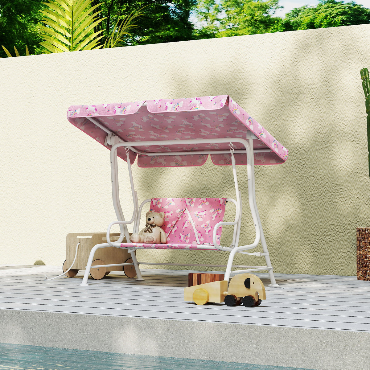 Kids Porch Swing, 2-Seater Patio Swing Bench with Safety Belts, Adjustable Canopy for Backyard, Garden, Pink-Toys & Games > Kids Outdoor Play > Gym Sets & Swings-DECOROLALA