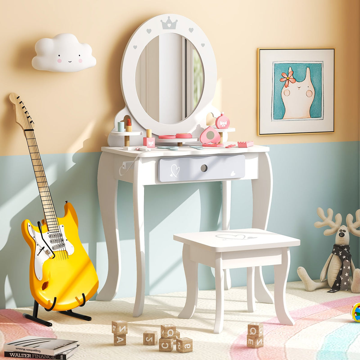 Kids 2-in-1 Princess Makeup Table and Chair Set with Removable Mirror-White-Kids Vanities-DECOROLALA
