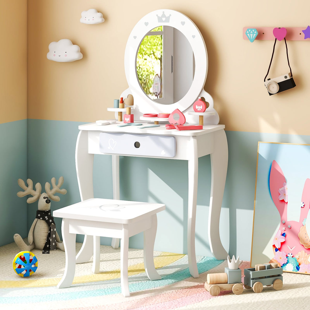 Kids 2-in-1 Princess Makeup Table and Chair Set with Removable Mirror-White-Kids Vanities-DECOROLALA