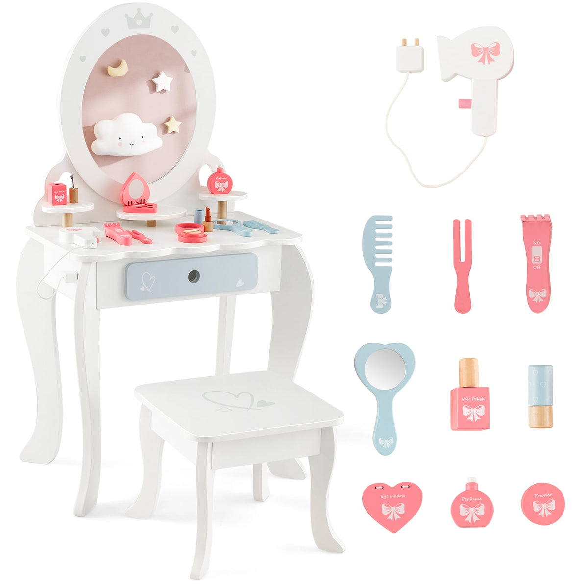 Kids 2-in-1 Princess Makeup Table and Chair Set with Removable Mirror-White-Kids Vanities-DECOROLALA