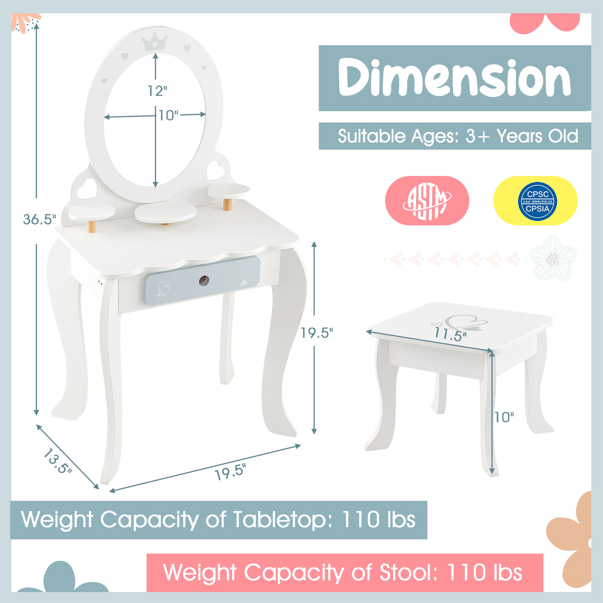 Kids 2-in-1 Princess Makeup Table and Chair Set with Removable Mirror-White-Kids Vanities-DECOROLALA