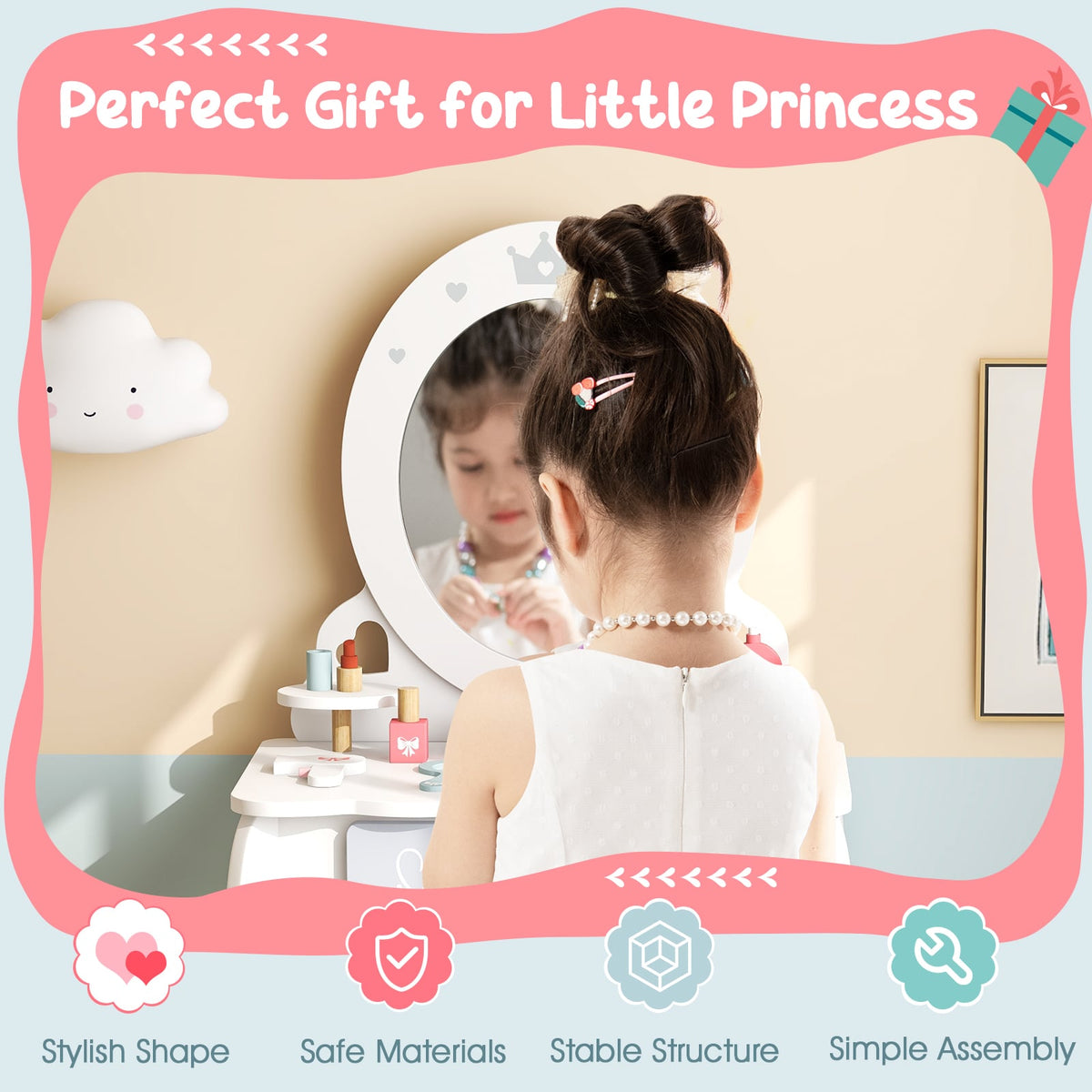 Kids 2-in-1 Princess Makeup Table and Chair Set with Removable Mirror-White-Kids Vanities-DECOROLALA
