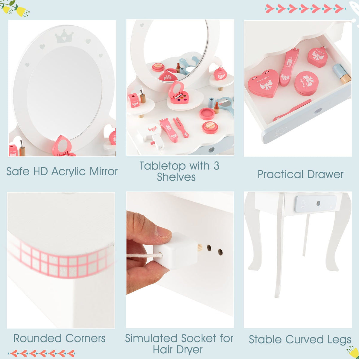 Kids 2-in-1 Princess Makeup Table and Chair Set with Removable Mirror-White-Kids Vanities-DECOROLALA