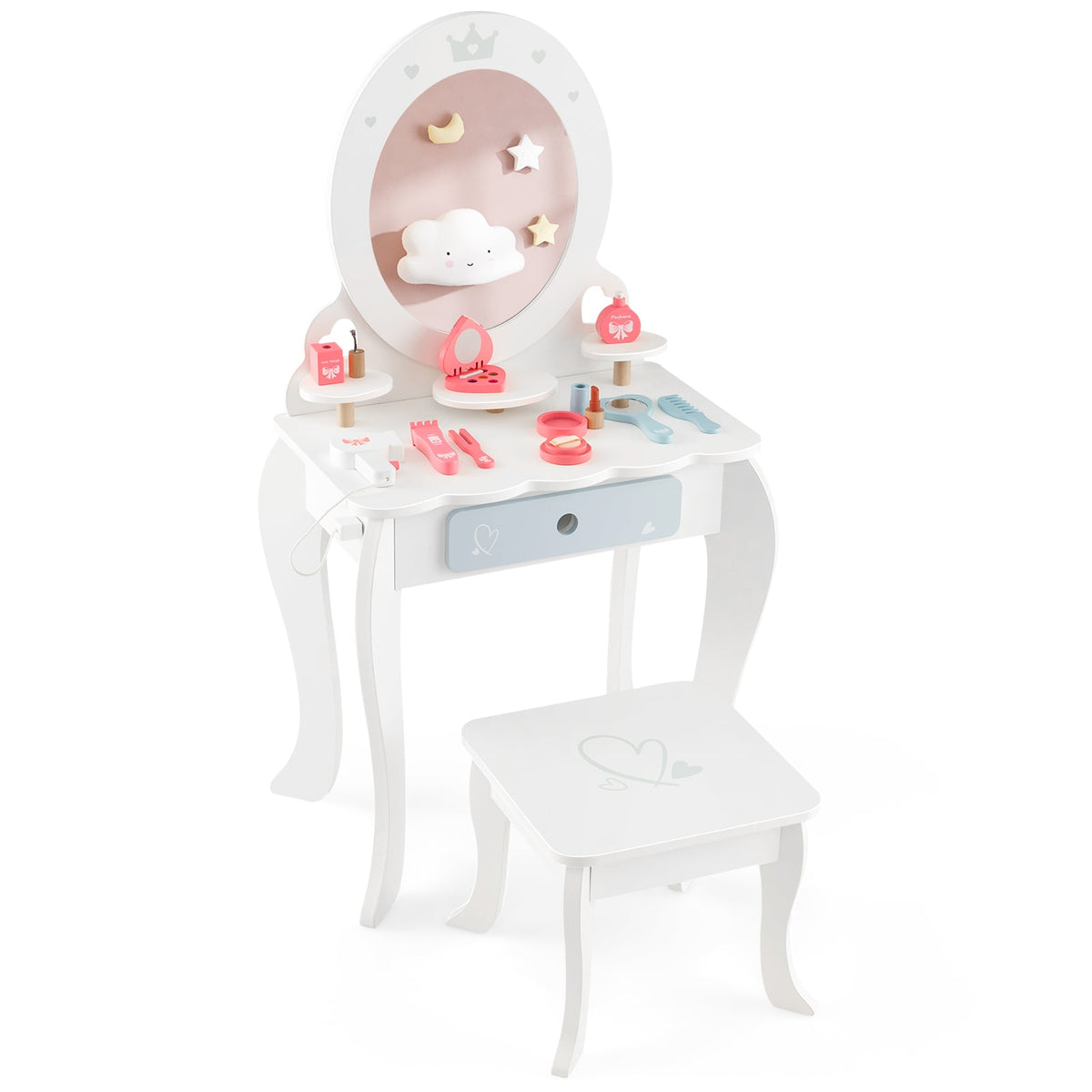 Kids 2-in-1 Princess Makeup Table and Chair Set with Removable Mirror-White-Kids Vanities-DECOROLALA