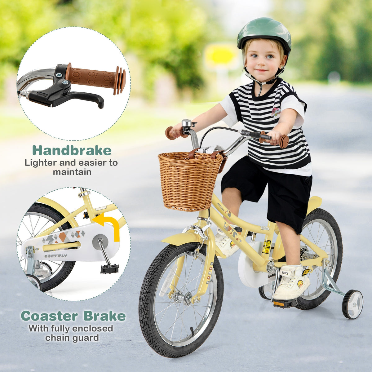 Kids Adjustable Bicycle with Training Wheels, Basket, and Bell-Kids Bike-DECOROLALA