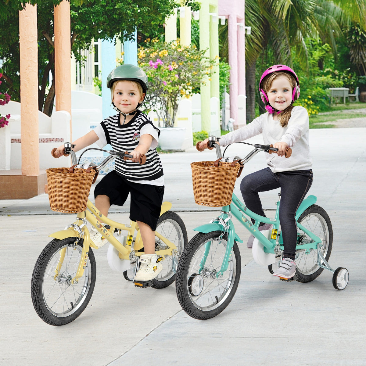 Kids Adjustable Bicycle with Training Wheels, Basket, and Bell-Kids Bike-DECOROLALA