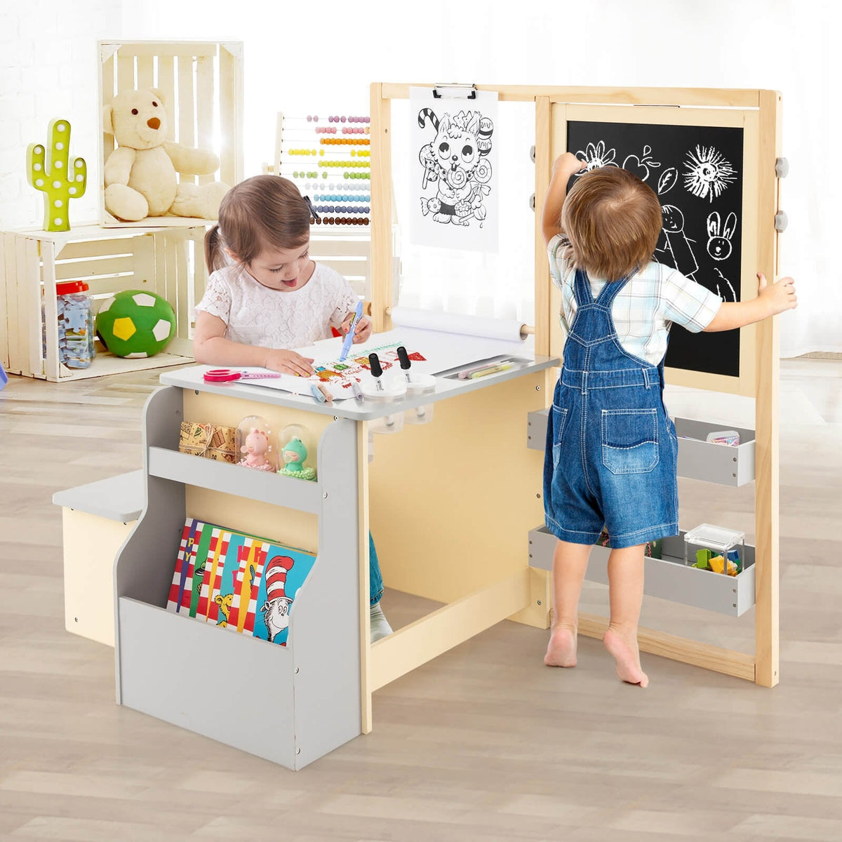 Kids Art Center Wooden Table Bench Set-Gray-Kids Tables & Chair Sets-DECOROLALA