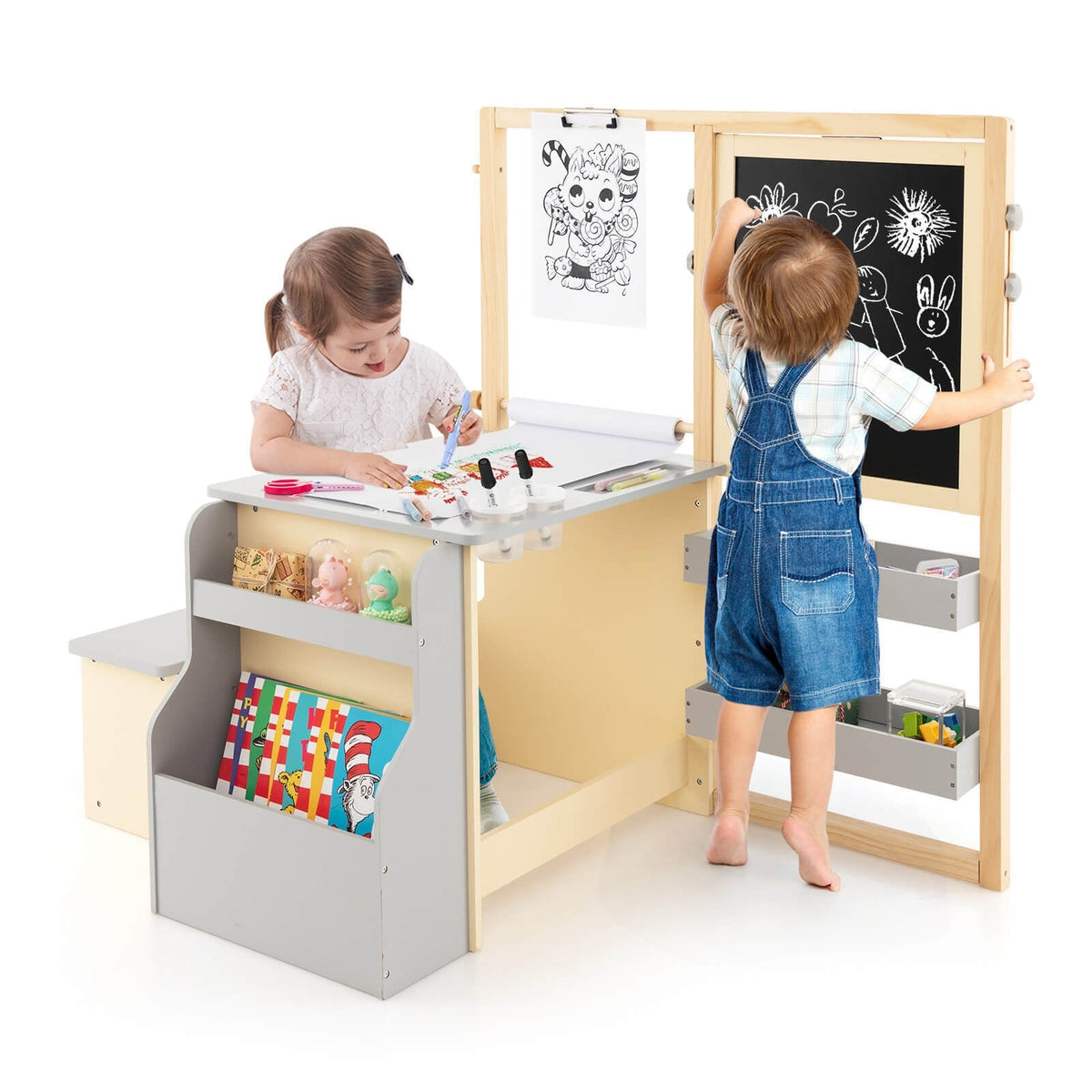 Kids Art Center Wooden Table Bench Set-Gray-Kids Tables & Chair Sets-DECOROLALA