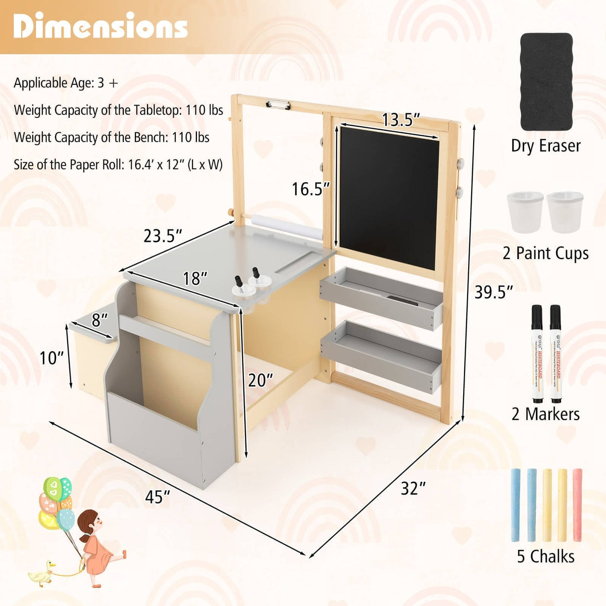 Kids Art Center Wooden Table Bench Set-Gray-Kids Tables & Chair Sets-DECOROLALA