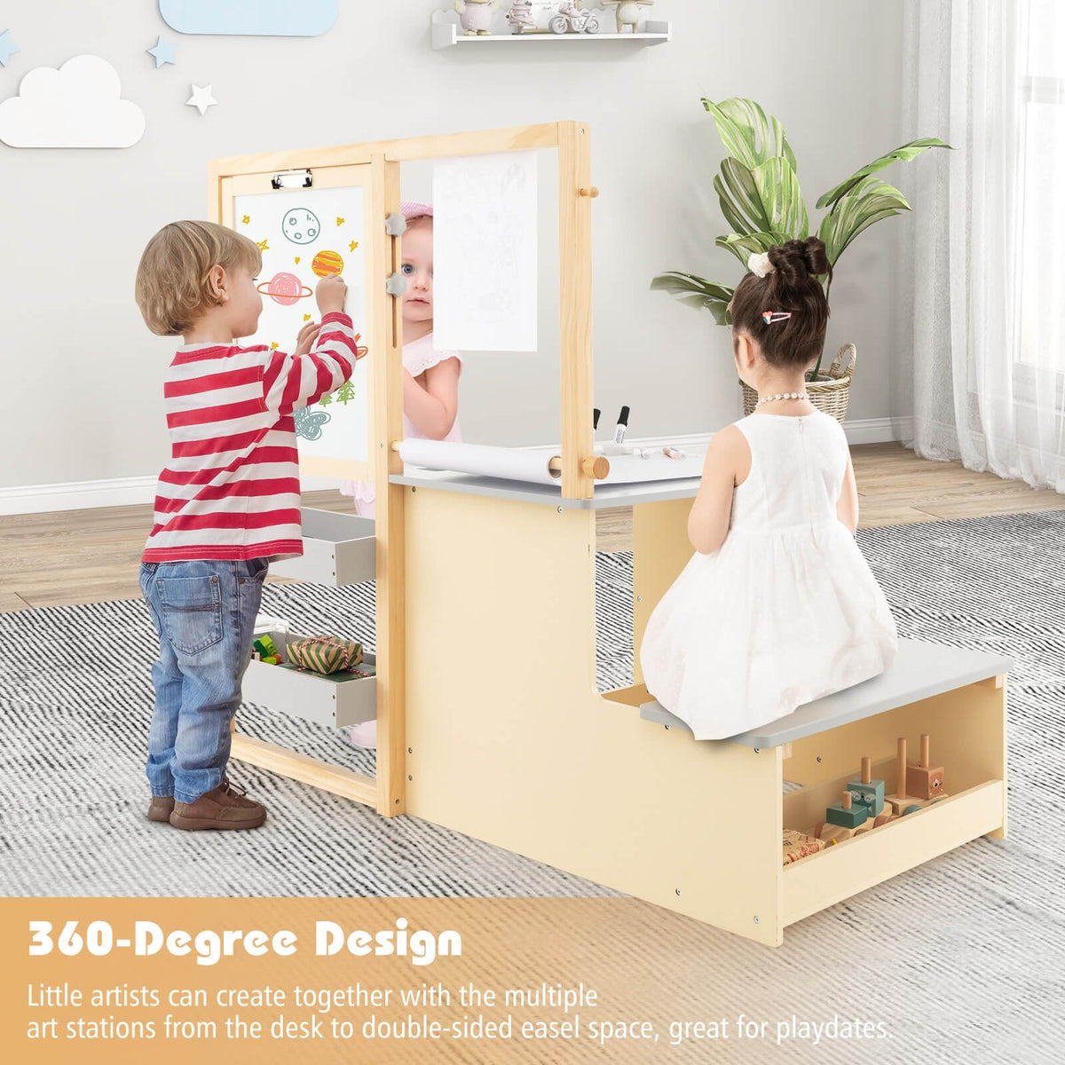 Kids Art Center Wooden Table Bench Set-Gray-Kids Tables & Chair Sets-DECOROLALA