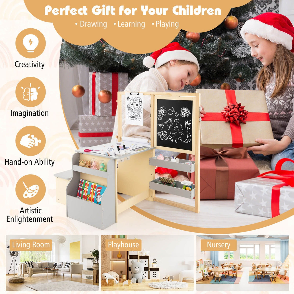 Kids Art Center Wooden Table Bench Set-Gray-Kids Tables & Chair Sets-DECOROLALA