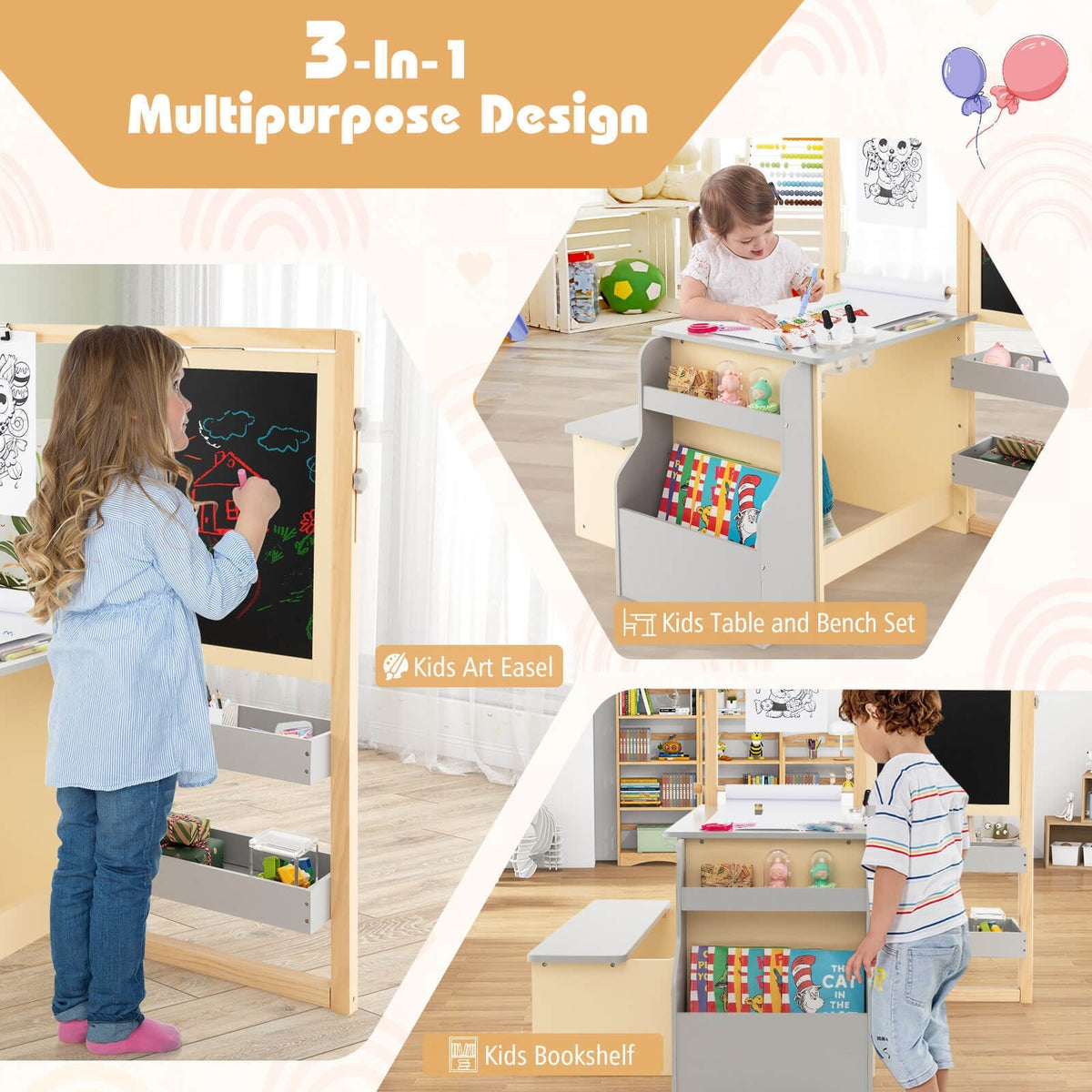 Kids Art Center Wooden Table Bench Set-Gray-Kids Tables & Chair Sets-DECOROLALA