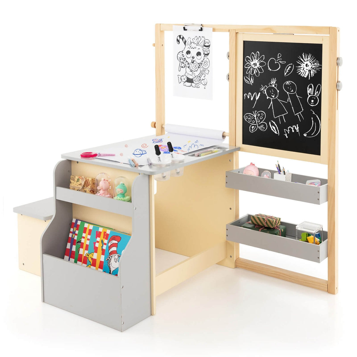 Kids Art Center Wooden Table Bench Set-Gray-Kids Tables & Chair Sets-DECOROLALA