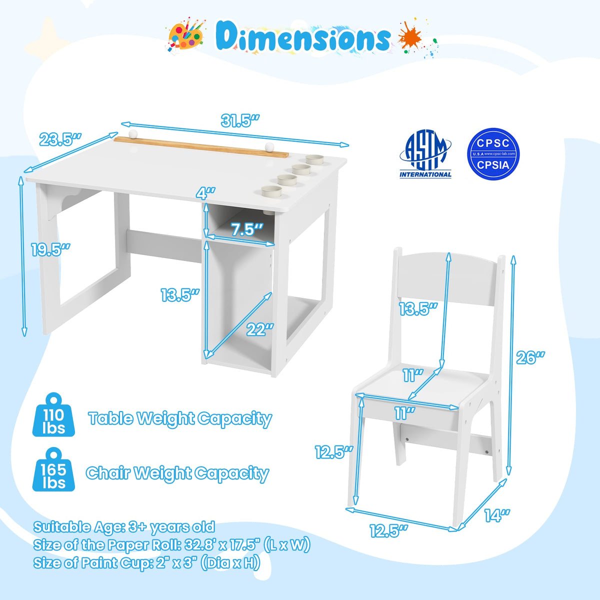 Kids Art Table and Chair Set Toddler Craft Drawing Desk-White-Kids Tables & Chair Sets-DECOROLALA