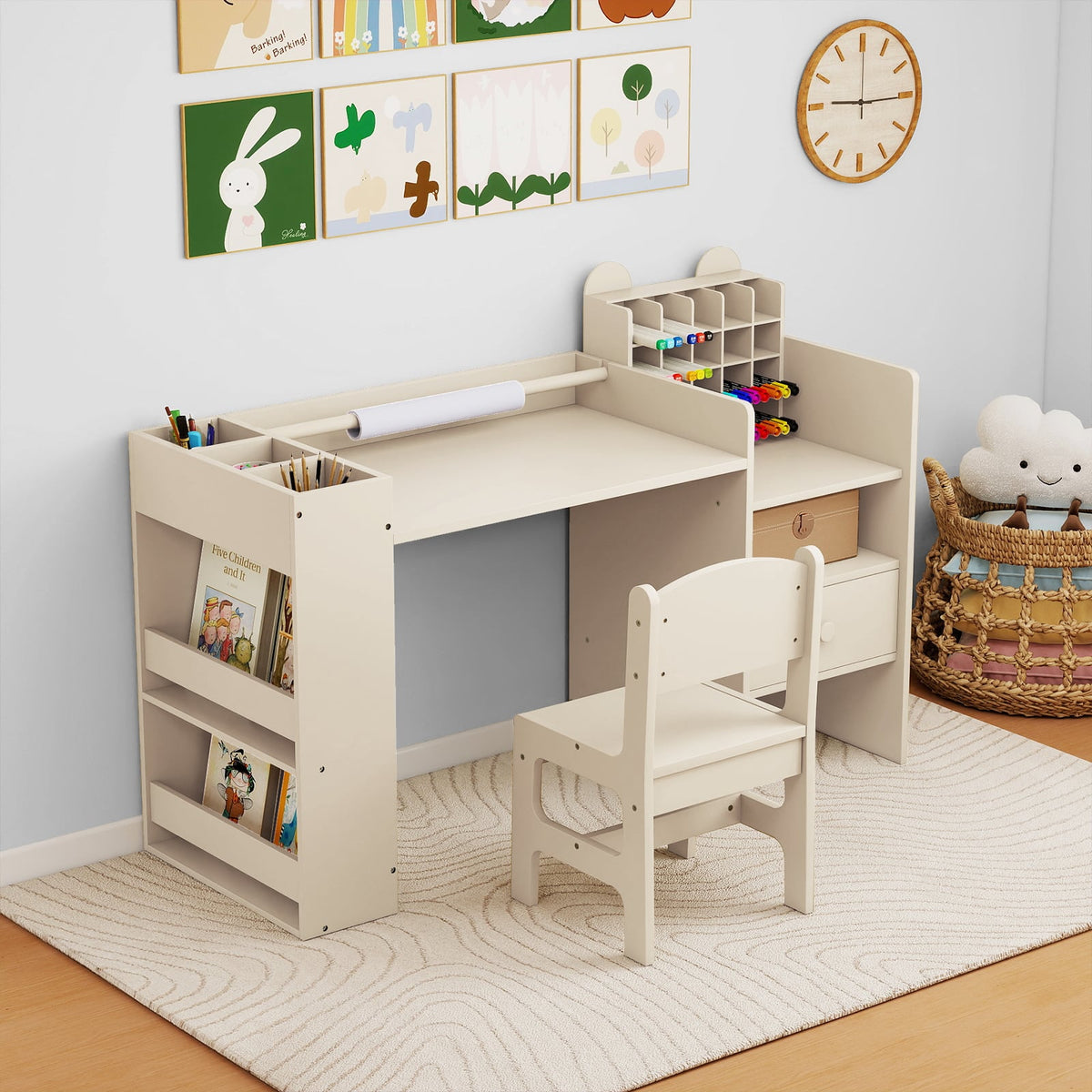 Kids Art Table and Chair Set with Detachable Paper Roll Holder and Cabinet-Natural-Kids Tables & Chair Sets-DECOROLALA