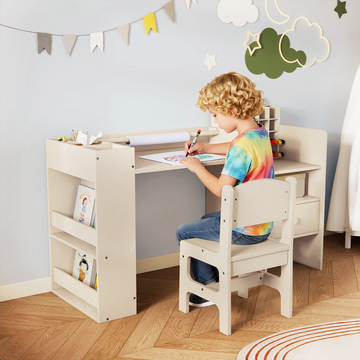 Kids Art Table and Chair Set with Detachable Paper Roll Holder and Cabinet-Natural-Kids Tables & Chair Sets-DECOROLALA